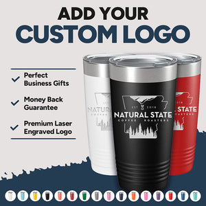 Promotional graphic showcasing Kodiak Coolers' Custom Tumblers with Logo Engraved, available in black, white, and red. Text highlights "Add Your Custom Logo," "Perfect Business Gifts," "Money Back Guarantee," and “Premium Laser Etched Design.” These custom engraved tumblers make an ideal corporate promotional gift with bulk wholesale pricing available. FLASH SALE - ENDING SOON!