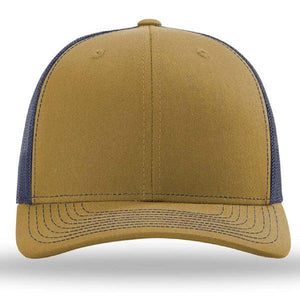 The Richardson 112 Snapback Trucker Cap - Custom Leather Patch Hat by Richardson is a stylish brown and black cap with visible stitching on the pre-curved visor. It features a structured six-panel design and an adjustable snapback for the perfect fit.