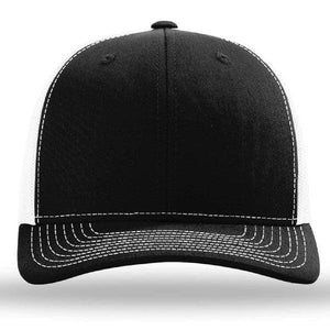 The Richardson 112 Snapback Trucker Cap features a structured six-panel design with contrasting white stitching on the pre-curved visor. The front panel is black while the side and back panels are white. It includes an adjustable snapback for a perfect fit. This custom leather patch hat offers no minimums and volume-tiered pricing, making it an ideal choice for any occasion.