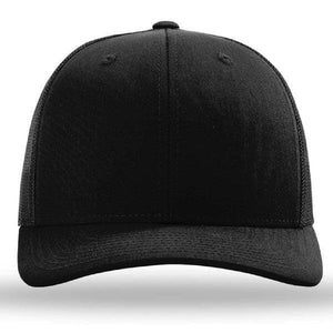 A structured six-panel Richardson 112 Snapback Trucker Cap in black, featuring a pre-curved visor and a top button, shown from the front.