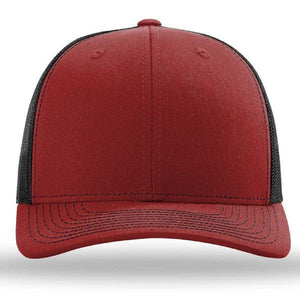 A front view of a Richardson 112 Snapback Trucker Cap in red, featuring a curved brim, black polyester mesh back panels, and an adjustable snapback.