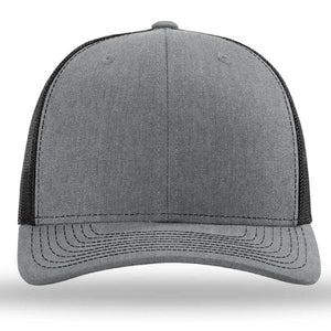 The Richardson 112 Snapback Trucker Cap - Custom Leather Patch Hat, from Richardson, is a grey baseball cap with black mesh panels at the back. It features a structured six-panel design with stitching details on the front and an adjustable snapback for a perfect fit.