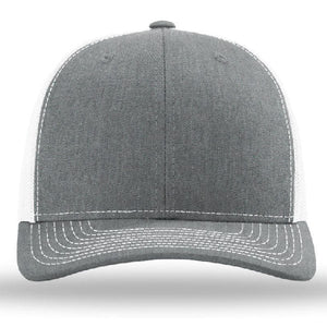 Richardson 112 Snapback Trucker Cap - Custom Leather Patch Hat, presented in a stylish gray and white design with white stitching, featuring a front view of its breathable polyester mesh back and an adjustable snapback for a perfect fit.