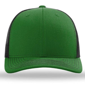 A customizable Richardson 112 Snapback Trucker Cap by Richardson, featuring a structured six-panel design with a green front and black mesh back, complete with an adjustable snapback.