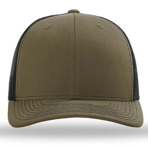 Front view of a Richardson 112 Snapback Trucker Cap - Custom Leather Patch Hat in green and black, with a curved brim and polyester mesh back, featuring an adjustable snapback.