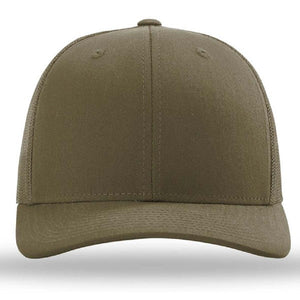 The Richardson 112 Snapback Trucker Cap, branded by Richardson, features a plain design in green. It boasts structured six-panel construction with ventilation holes on the top and an adjustable snapback for a perfect fit. Additionally, this custom leather patch hat has no minimums and offers volume tiered pricing V2.