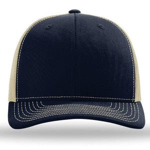 A navy and tan Richardson 112 Snapback Trucker Cap with a pre-curved visor and mesh back on a white background.