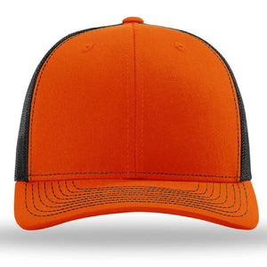 The Richardson 112 Snapback Trucker Cap by Richardson features a vibrant orange front, a polyester mesh back, black mesh side panels, and stylish black stitching details on the brim.