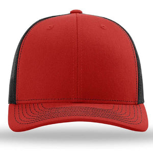 The Richardson 112 Snapback Trucker Cap features a red and black design with a curved bill, an adjustable snapback, and a polyester mesh back panel.