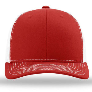 Richardson 112 Snapback Trucker Cap, featuring a custom leather patch, comes in red and white with a slightly curved bill, visible stitching, and an adjustable snapback closure.