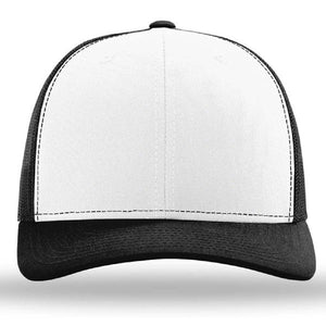 A Richardson 112 Snapback Trucker Cap - Custom Leather Patch Hat, featuring a white and black design with a polyester mesh back and an adjustable snapback, is displayed.