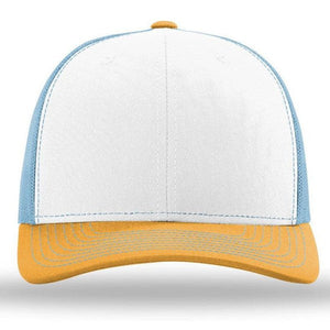 A Richardson 112 Snapback Trucker Cap - Custom Leather Patch Hat with a mesh back on a white background.