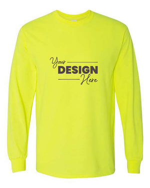 Bright yellow Gildan Heavy Cotton Long Sleeve Safety T-Shirt with the text "Your Design Here" printed in a stylized font on the front.