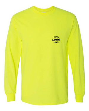 A Gildan Heavy Cotton Long Sleeve Safety T-Shirt in neon yellow featuring the text "Your Logo Here" printed on the left chest area.