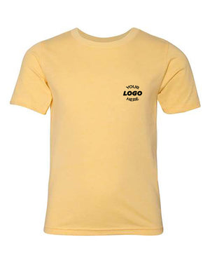 Yellow Next Level Youth Blend CVC T-Shirt featuring a small black "Your Logo Here" design on the left chest area. Made from a comfortable cotton polyester blend with a convenient tear-away label.