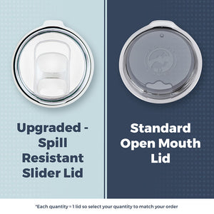 A side-by-side comparison of the new Spill Resistant Slider Lid Upgrade and a standard open-mouth lid, showcasing the differences in design and functionality offered by Kodiak Coolers. Enhance your order with this advanced Spill Resistant Slider Lid for increased convenience and safety, available for both volume and sample orders.