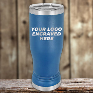Blue Custom Pilsner Tumblers 14 oz with a lid, placed on a wooden surface, featuring the text "YOUR LOGO ENGRAVED HERE" against a rustic wooden background. Perfect for companies seeking custom products or interested in bulk wholesale pricing from Kodiak Coolers.