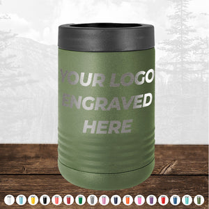 A Kodiak Coolers Custom Standard Can Holder with your Logo or Design Engraved - Special Bulk Wholesale Volume Pricing, laser engraved on a green stainless steel body.