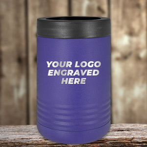 The Kodiak Coolers blue can cooler, featuring "Your Logo Engraved Here" against a wooden backdrop, is an ideal corporate promotional gift from our Custom Tumblers collection.