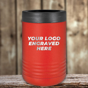 A red insulated tumbler from Kodiak Coolers with a black lid sits on a wooden surface, showcasing "Your Logo Engraved Here." This custom tumbler, part of the "Custom Tumblers with Logo Engraved," is perfect as a corporate promotional gift.