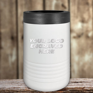 A Kodiak Coolers white tumbler with a black lid on wood, showcasing "Your Logo Engraved Here" from the Custom Tumblers collection—perfect for corporate promotional gifts, featuring a laser-etched design with no setup fees.