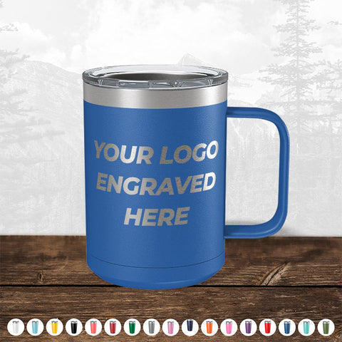 A Kodiak Coolers custom blue mug that can be engraved with your business logo.