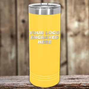 Kodiak Coolers' yellow, custom logo engraved tumblers are perfect for corporate gifts. Laser etched with no setup fees, they elegantly rest on wood, highlighting their customization appeal. Enjoy a limited-time offer to elevate your brand's presence with these personalized promotional items.