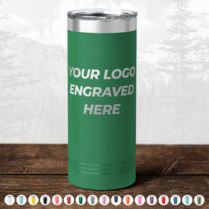 Kodiak Coolers' Custom Drinkware featuring your engraved logo or design is displayed on a wooden surface. The background showcases a monochromatic outdoor landscape sketch. Below, various available colors of the tumblers and personalized mugs are shown. Don't miss out on the HUGE LABOR DAY SALE – ENDS TODAY!