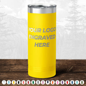 Yellow insulated tumbler featuring the "Your Logo Engraved Here" design, ideal as a promotional gift. As part of Kodiak Coolers' BLACK FRIDAY SALE, this custom drinkware comes with no setup fee and a one-side logo included in the price. Surrounded by various color options at the bottom, these personalized mugs make perfect custom gifts for any occasion with a minimal order requirement of $250.