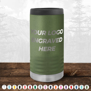 A Custom Slim Seltzer Can Holder with your Logo or Design Engraved - Special Bulk Wholesale Volume Pricing, made of insulated stainless steel engraved on a green tumbler.