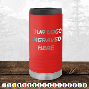 A slim red tumbler made of insulated stainless steel, featuring the option to have your Custom Slim Seltzer Can Holder with your Logo or Design Engraved - Special Bulk Wholesale Volume Pricing from Kodiak Coolers.