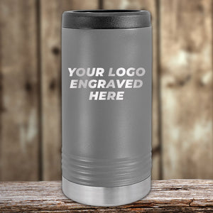 A Custom Slim Seltzer Can Holder with your Logo or Design Engraved by Kodiak Coolers, displayed on a wooden surface with a blurred background.