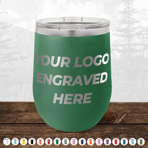 A green stainless steel tumbler with "4th of July SALE - Engraved Custom Logo Drinkware - Front Engraved Logo Included - $250 Minimal Order" text. Perfect for personalized mugs or promotional gifts, several color options are displayed at the bottom of the image.