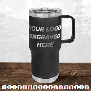 A black Kodiak Coolers travel mug from the "Custom Drinkware Engraved with your Logo or Design - Front Side Logo Included" collection, featuring a handle and transparent lid, is displayed on a wooden surface with a mountain background. Various color options for these personalized mugs are shown below. Don't miss out on the HUGE LABOR DAY SALE - ENDS TODAY!