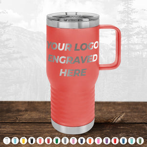 A red insulated travel mug with a silver lid and handle, featuring the text "Your Logo Engraved Here." This personalized drinkware from Kodiak Coolers is perfect as a promotional gift. Various color options are displayed below the mug. Don’t miss our HUGE LABOR DAY SALE — ENDS TODAY!