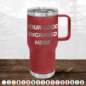 The Kodiak Coolers Custom Drinkware, Engraved with Your Logo or Design on the Front Side, showcases a red travel mug adorned with "Your Logo Engraved Here" text. Designed with a handle and a screw-on lid, this personalized drinkware makes an excellent promotional gift. Various color options are displayed at the bottom, set against a backdrop of wood surface and mountain scenery. Don’t miss out on our HUGE LABOR DAY SALE - ENDS TODAY!