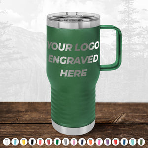 The Kodiak Coolers green stainless steel travel mug with a handle is customizable with engraving, featuring your logo or design on the front side. This personalized drinkware comes in various color options displayed at the bottom and is pictured against an outdoor nature scene, making it an ideal promotional gift for any adventure lover. Don't miss our HUGE LABOR DAY SALE - ENDS TODAY!