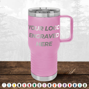 A custom pink travel mug from Kodiak Coolers with "YOUR LOGO ENGRAVED HERE" on the front. Various color options are displayed at the bottom against a rustic, outdoor background, making it an ideal personalized mug for unique logo promotional gifts. Don't miss out on the HUGE LABOR DAY SALE - ENDS TODAY!