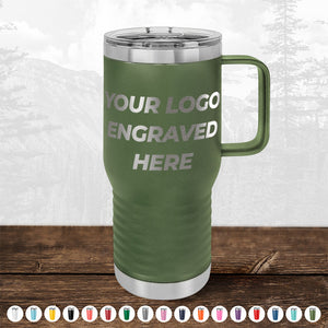 A green insulated travel mug from Kodiak Coolers, featuring the text "Your Logo Engraved Here" on the front side, is showcased against a rustic wooden background. This promotional gift, part of the Custom Drinkware line with a variety of color options available, is ideal for personalized mugs. Don't miss our HUGE LABOR DAY SALE - ENDS TODAY!