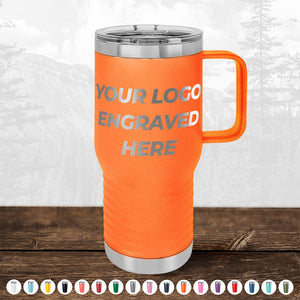 An orange insulated travel mug with a handle and clear lid from Kodiak Coolers is displayed on a wooden surface. The text "YOUR LOGO ENGRAVED HERE" is printed on the mug, making it an ideal promotional gift. Various color options are shown beneath it, perfect for custom drinkware to suit any brand style. Get yours today in our HUGE LABOR DAY SALE - ENDS TODAY!