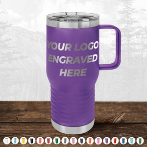 Kodiak Coolers' Custom Drinkware, featuring a purple travel mug with a handle and "Your Logo Engraved Here" on the front. Various color options are displayed below the main image against a rustic wood background and nature scene, making it perfect for custom mugs or promotional logo gifts. Don't miss out on the HUGE LABOR DAY SALE – ENDS TODAY!