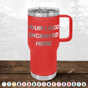 Here's a red insulated travel mug from Kodiak Coolers, complete with a handle and clear lid, perfectly framed by a snowy mountain backdrop. The mug proudly displays the text "Your Logo Engraved Here" on the front side, making it an ideal choice for custom drinkware for any occasion. Take advantage of our HUGE LABOR DAY SALE ending today! Various color options are available below.