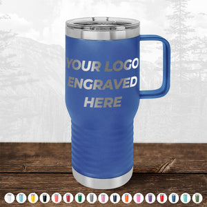 The Kodiak Coolers Custom Drinkware features a blue travel mug with a handle, silver trim, and a clear lid. This stylish mug includes the words "YOUR LOGO ENGRAVED HERE" on the front, making it an ideal promotional gift. Don't miss out on our HUGE LABOR DAY SALE - ENDS TODAY! Available color options are displayed at the bottom.