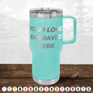 A turquoise insulated travel mug with a handle and the text "YOUR LOGO ENGRAVED HERE," part of the Kodiak Coolers brand, makes for an excellent promotional gift. The Custom Drinkware Engraved with your Logo or Design - Front Side Logo Included is available in various colors below this custom mug, perfect for personalization. Don't miss out on the HUGE LABOR DAY SALE - ENDS TODAY!