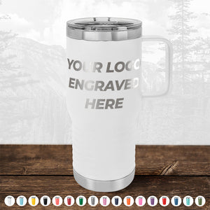 A white insulated travel mug with a handle, featuring the text "YOUR LOGO ENGRAVED HERE." Perfect for personalized mugs or as a unique promotional gift. Several color options are displayed at the bottom. Get yours now from Kodiak Coolers during the HUGE LABOR DAY SALE - ENDS TODAY!