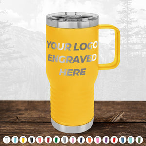 Introducing the Custom Drinkware from Kodiak Coolers, featuring a yellow travel mug with a silver lid and handle, engraved with "Your Logo Engraved Here." This stylish mug is showcased on a wooden surface against a picturesque forest backdrop. Various colored custom mugs are also displayed at the bottom, making them an ideal promotional gift. Don't miss out on the HUGE LABOR DAY SALE - ENDS TODAY!