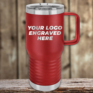 A red Custom Travel Tumbler 20 oz with your logo laser engraved on it, featuring vacuum-sealed insulation technology by Kodiak Coolers.