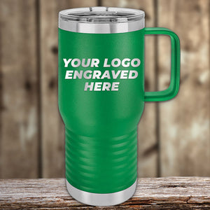 The image shows a Kodiak Coolers green travel mug with a handle, featuring "Your Logo Engraved Here" on its surface. Perfect for corporate gifts, this practical custom tumbler elegantly combines usefulness and personalization, offered as a limited-time Laser Etched Design with no setup fees.