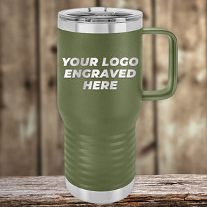 The Kodiak Coolers green insulated travel mug, featuring "Your Logo Engraved Here," is an ideal corporate gift. This stylish custom tumbler combines functionality with a laser-etched design, available at no setup fees for a limited time.