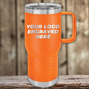 The Custom Tumblers by Kodiak Coolers come in orange with a handle and lid, featuring "Your Logo Engraved Here" on the side. These laser-etched designs are perfect for corporate promotional gifts, blending functionality and personalization with no setup fees. Limited Time Offer.